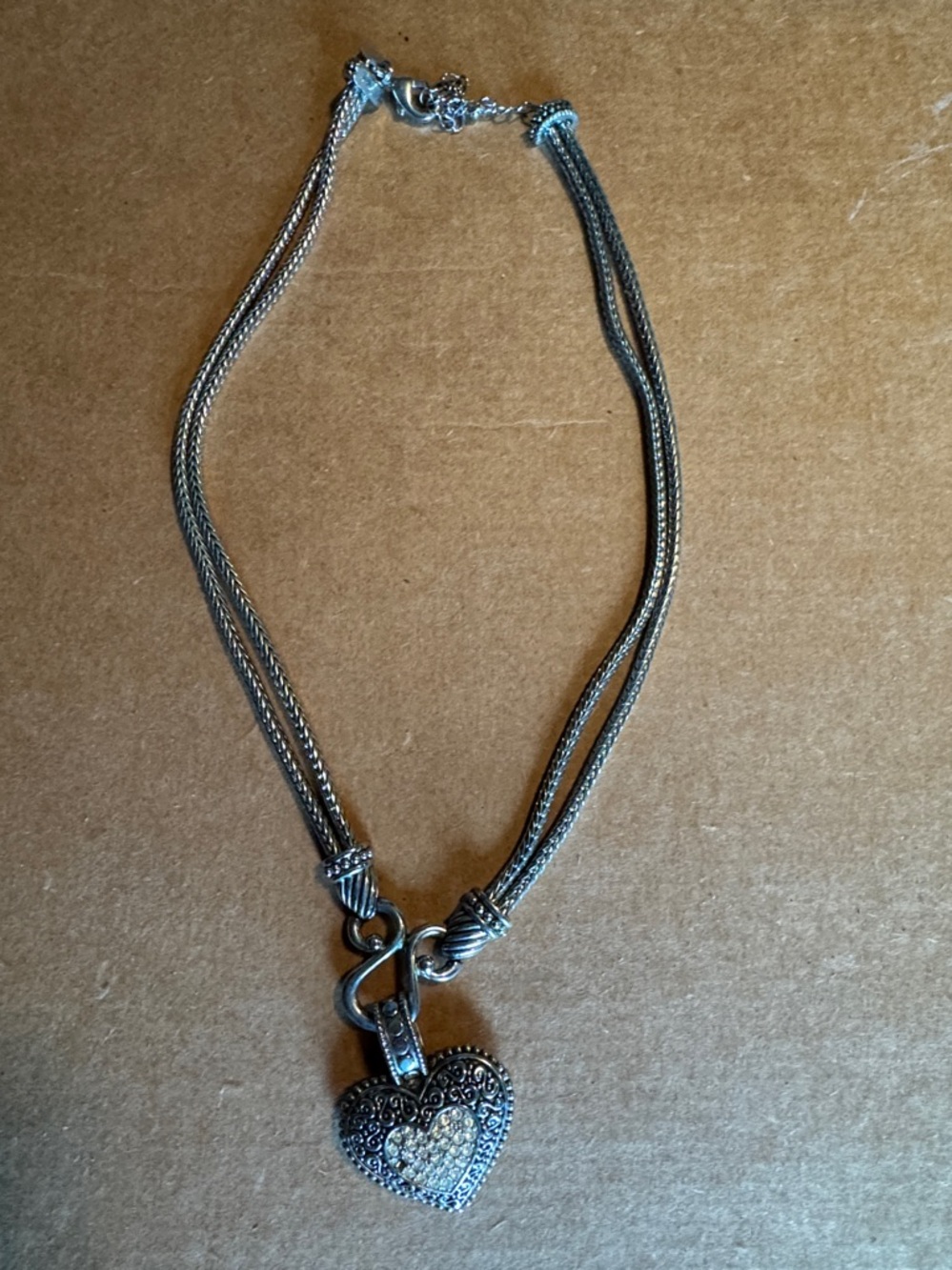 Silver Heart Pendant Multi-Chain Necklace - Sparkling Accent